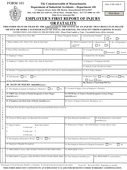 Massachusetts Form 101 First Report Injury ReportForm