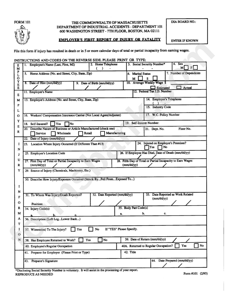 Massachusetts Form 101 First Report Injury ReportForm