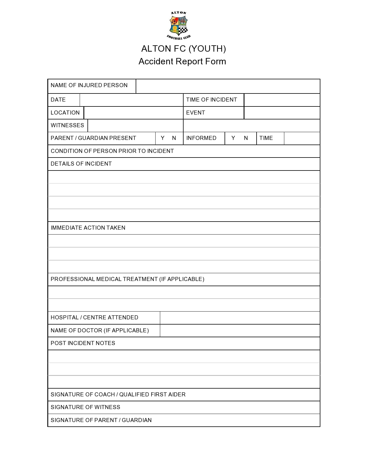 Motor Vehicle Accident Report Form Template