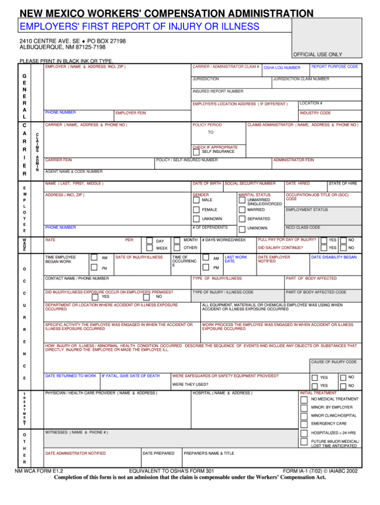 New Mexico Workers Compensation First Report Of Injury Form