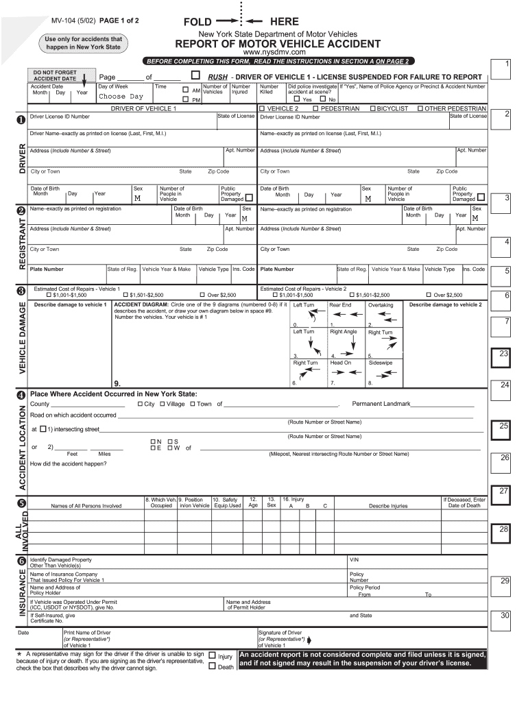 New York State Motor Vehicle Accident Report Form MV 104 DocHub