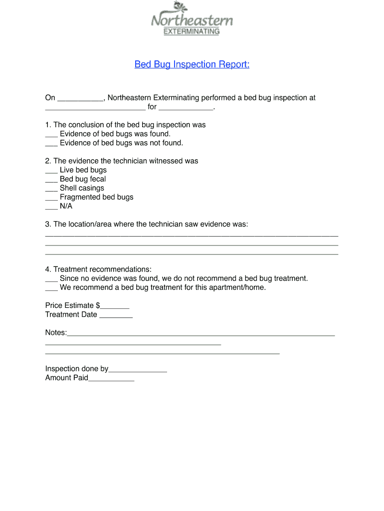 NY Northeastern Exterminating Bed Bug Inspection Report Fill And Sign 