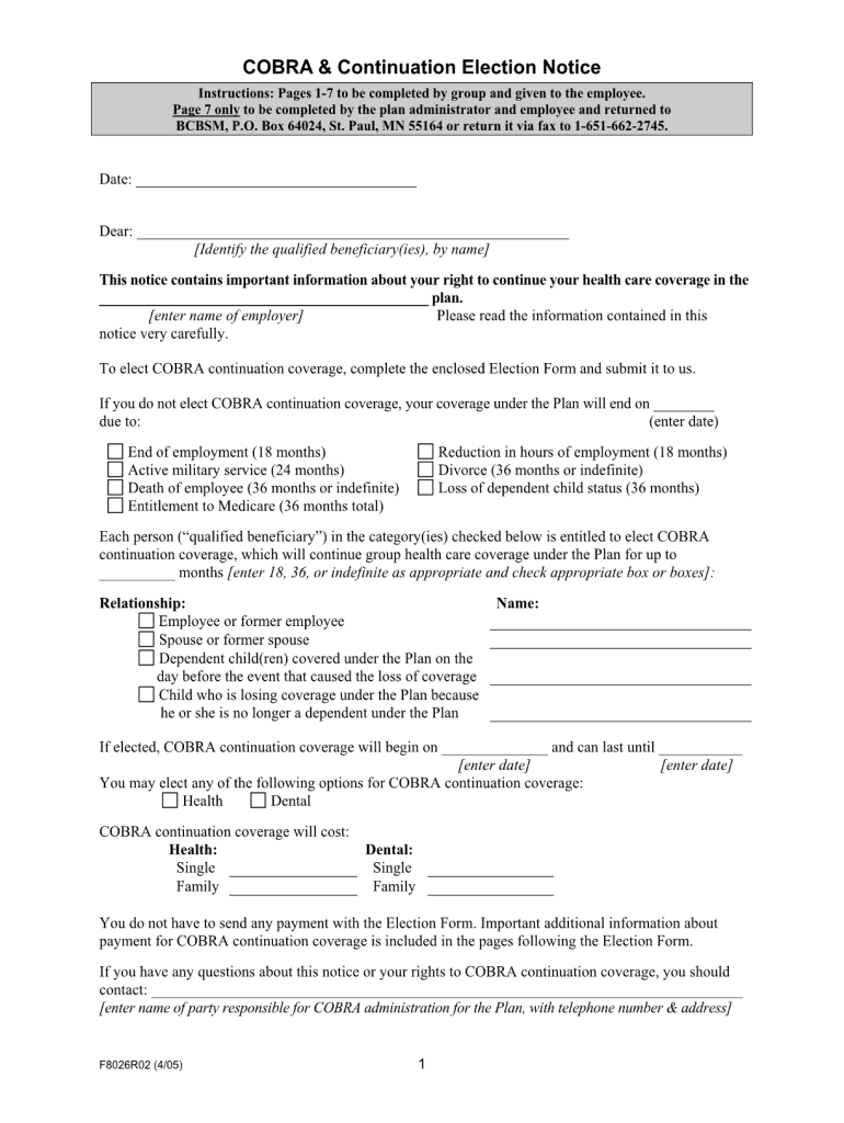 Offering Of Cobra Continuation Coverage Form Fill Out And Sign