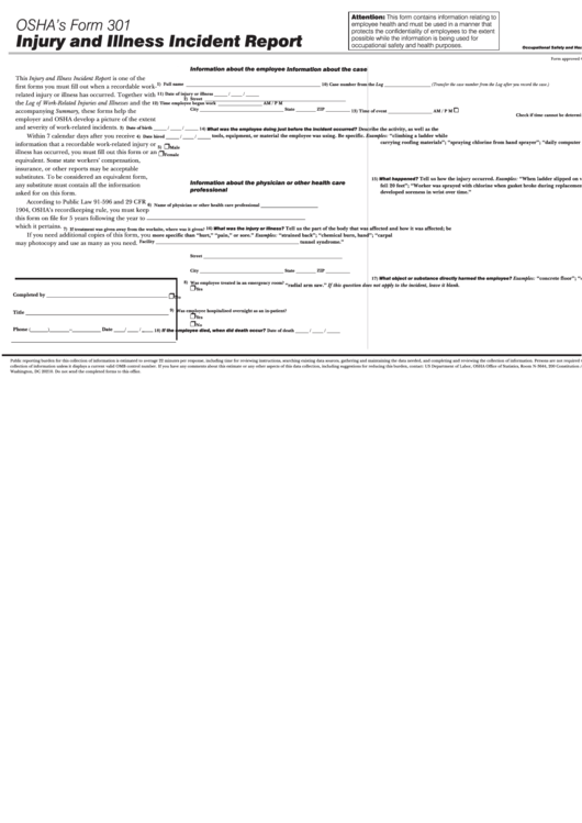Osha Form 301 Injury And Illness Incident Report Printable Pdf Download