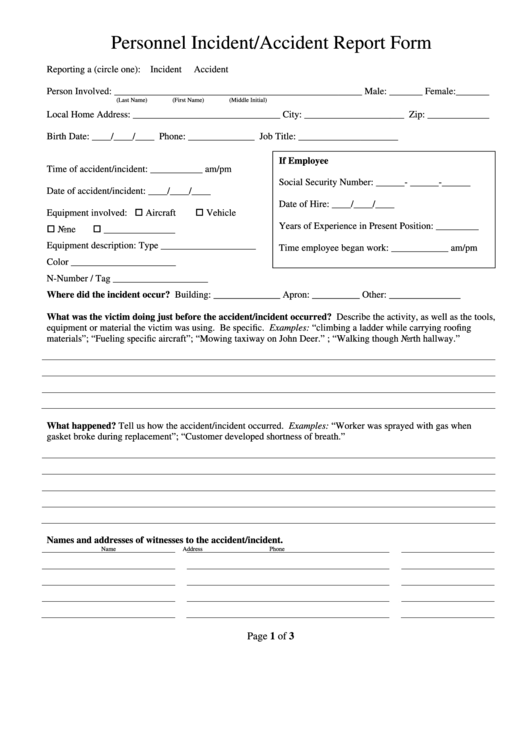 Personnel Incident accident Report Form Printable Pdf Download