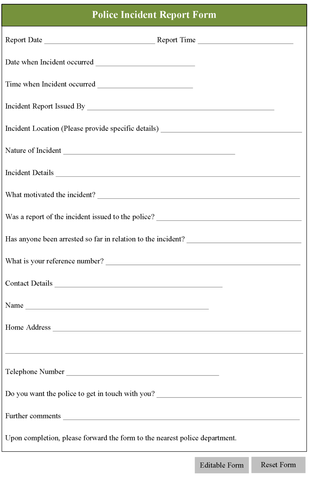 Police Incident Report Form Editable Forms - ReportForm.net