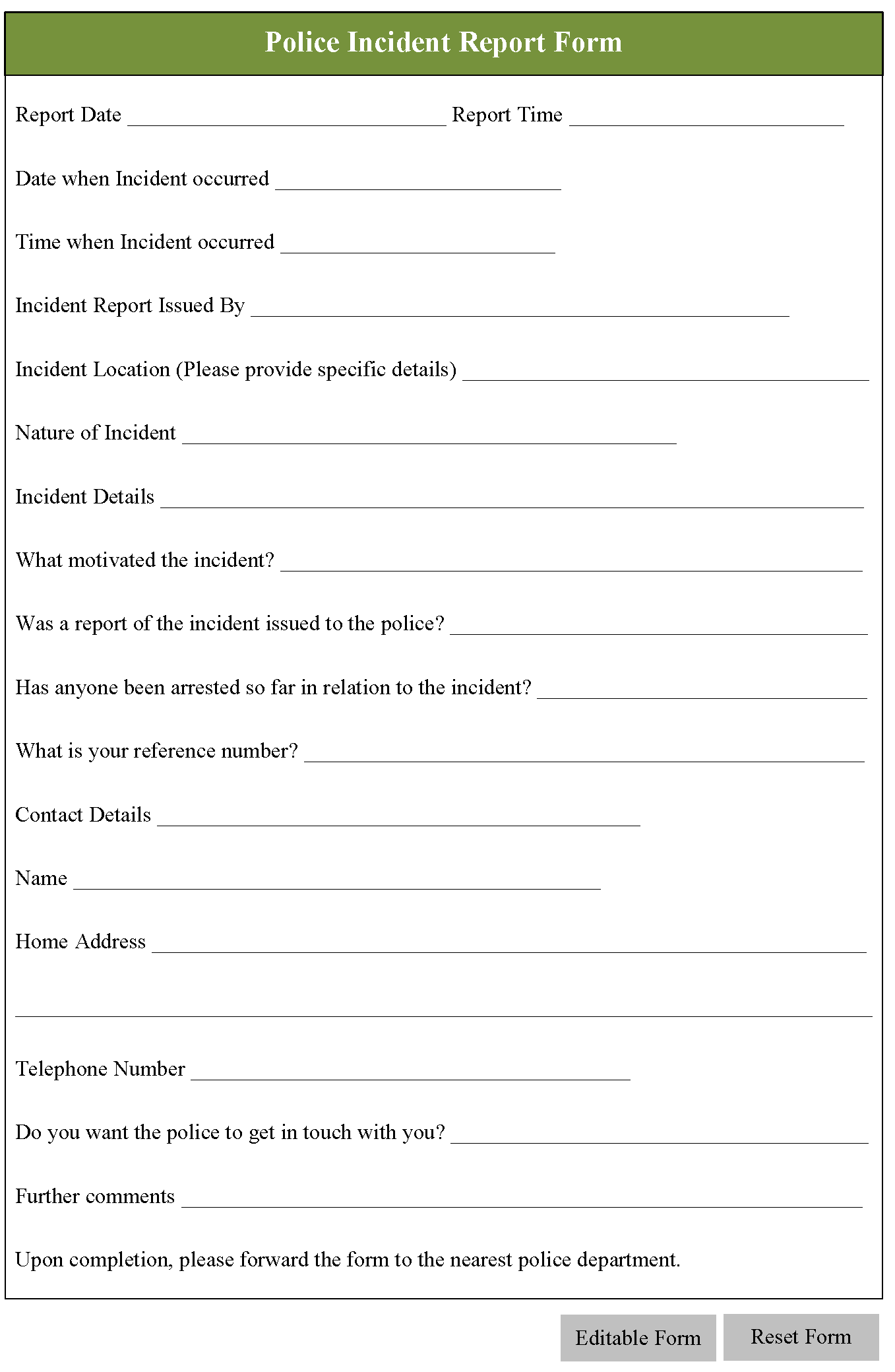 Police Incident Report Form Editable Forms