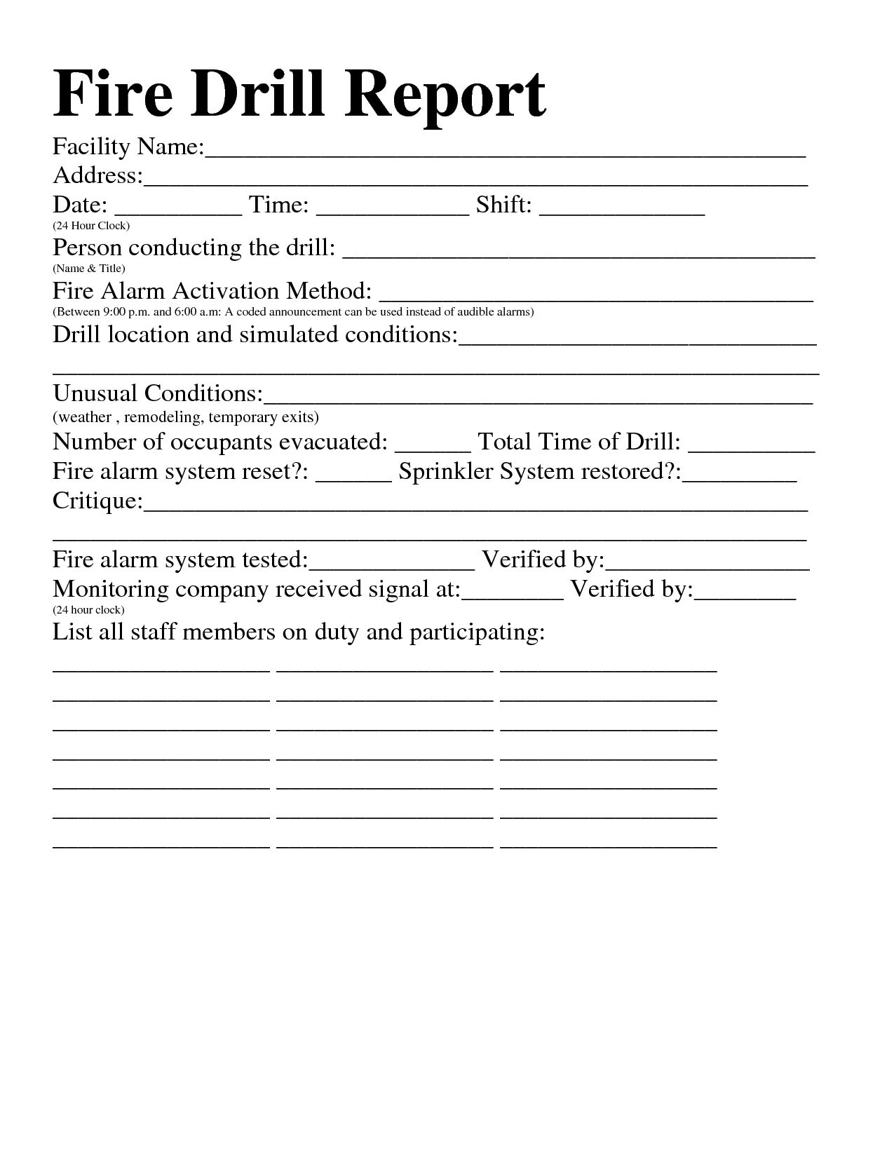 Printable Fire Drill Form Template Printable Word Searches