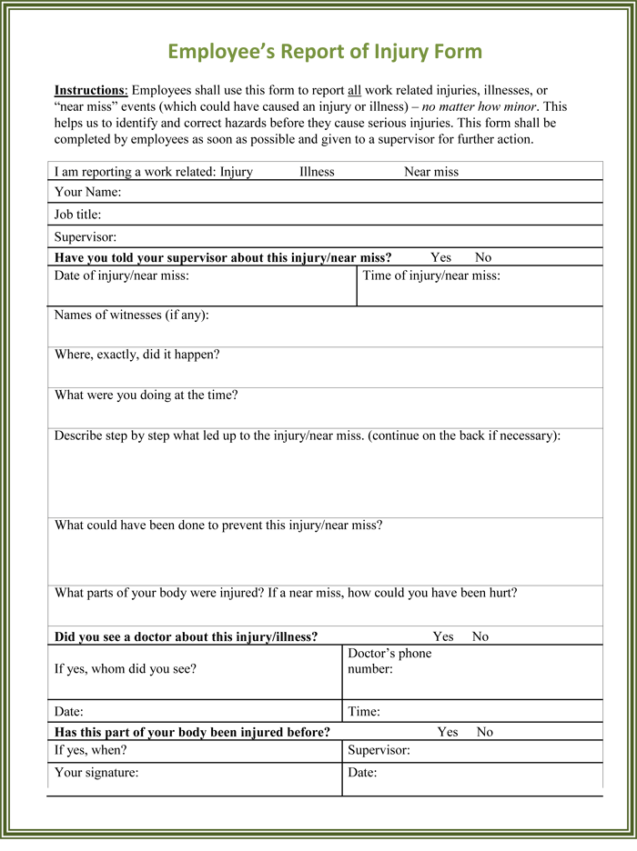 Printable Injury Report Form Printable Forms Free Online