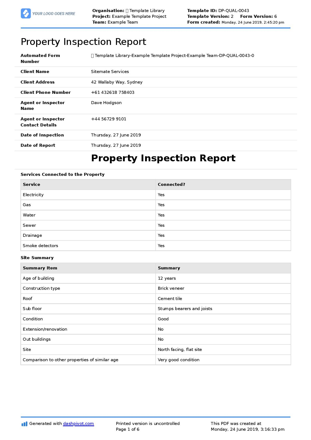 Property Inspection Report Template Free Printable Templates