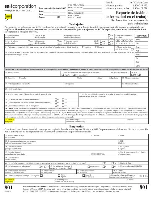 Report Of Illness Or Injury Form Form 801 SAIF Corporation