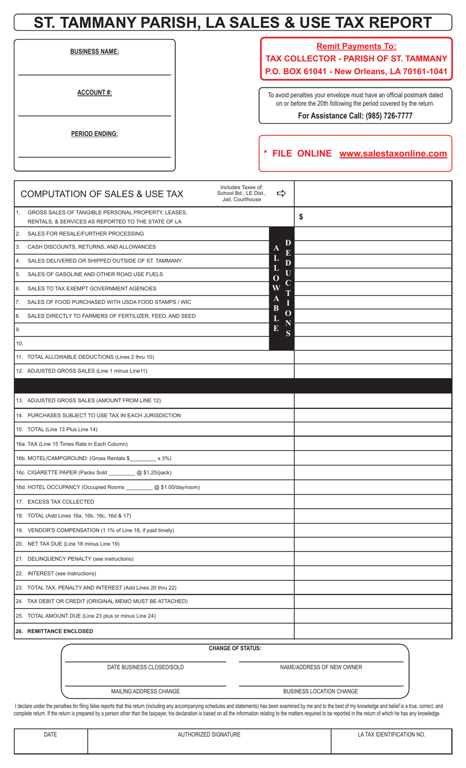 Saint Tammany Parish Louisiana Sales Use Tax Report Form Download 