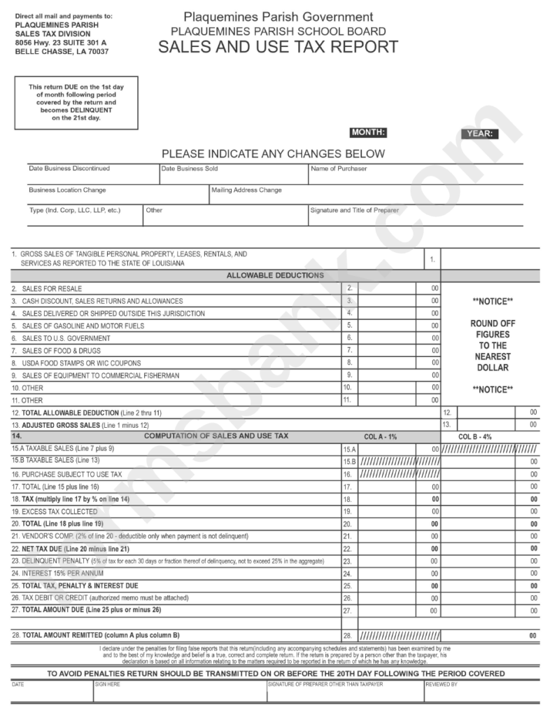 Sales And Use Tax Report Form Union Parish Printable Pdf Download 