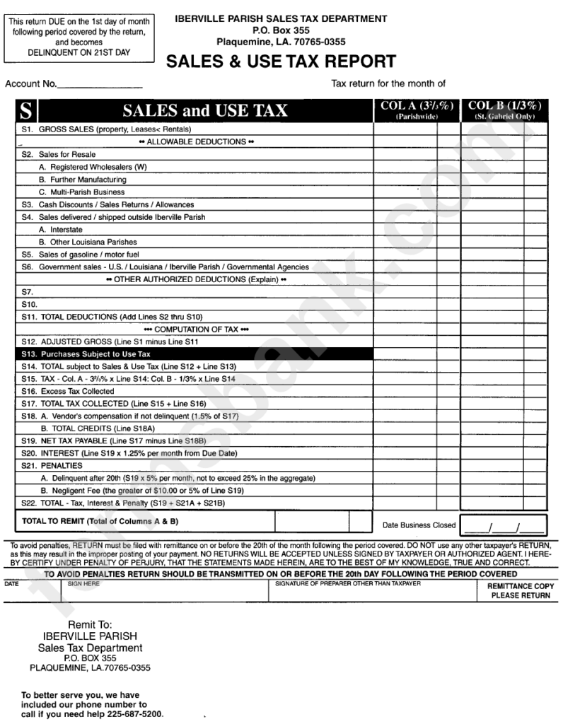 Sales And Use Tax Report Form Union Parish Printable Pdf Download 