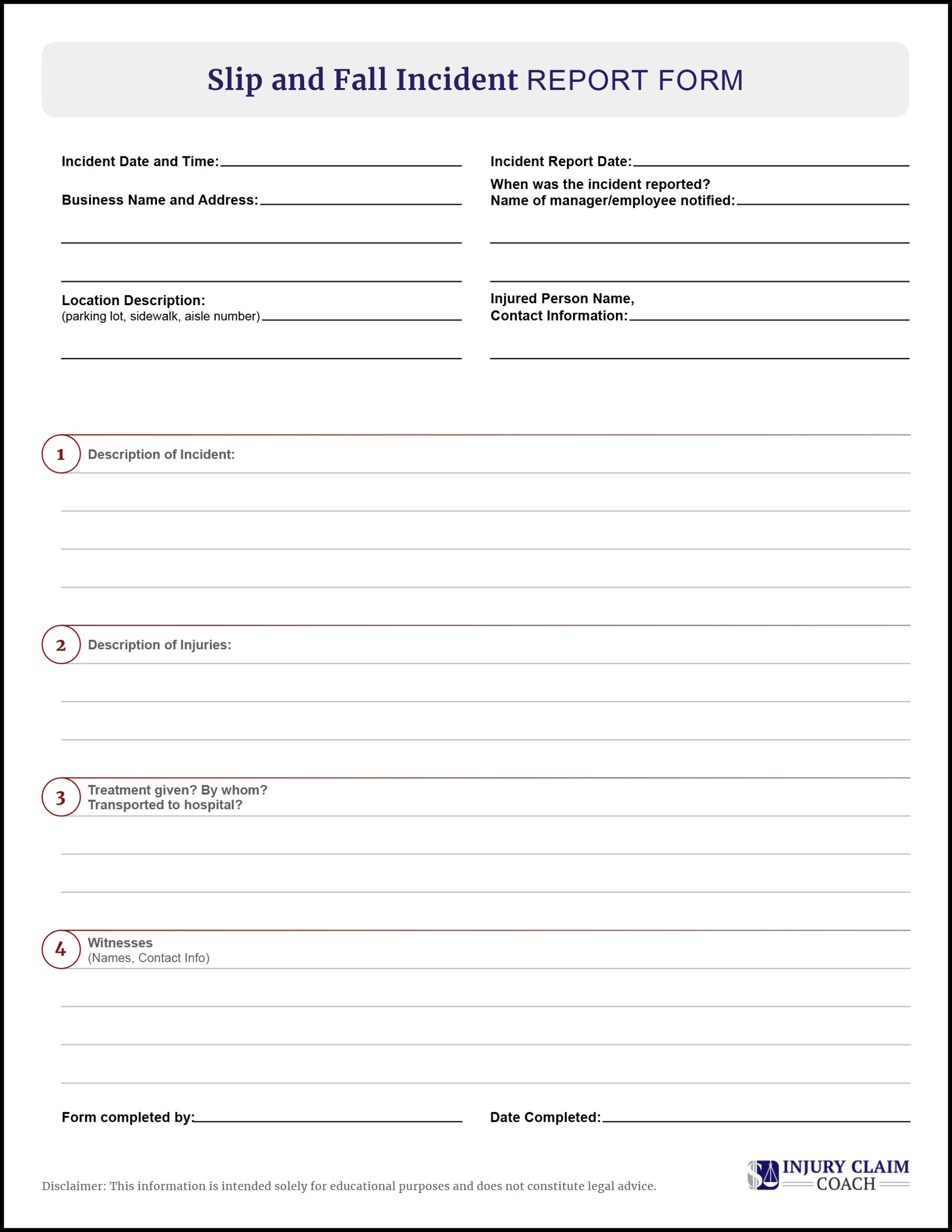 Sample Slip And Fall Incident Report Form Download PDF