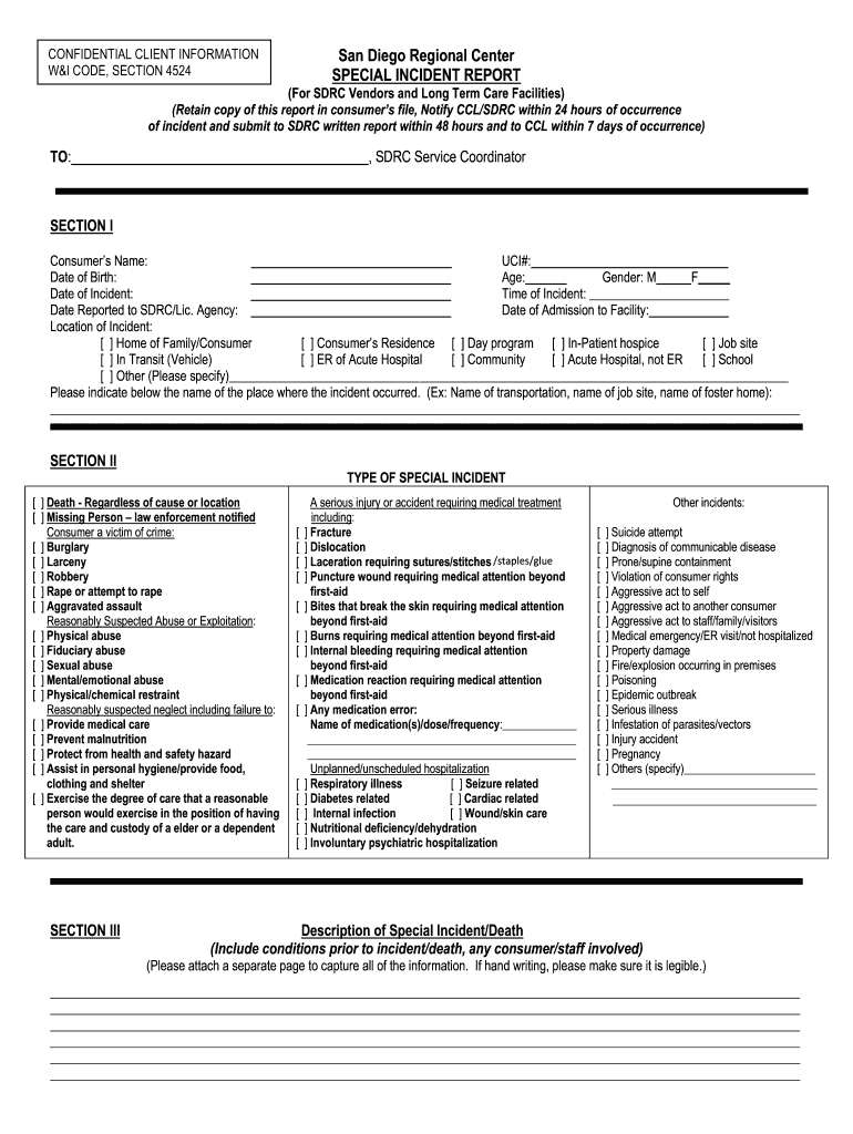 San Diego Regional Center Special Incident Report Fill Out Sign 