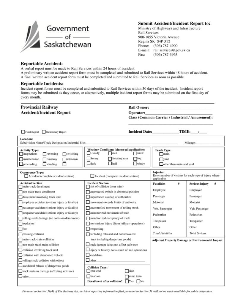 Saskatchewan Canada Provincial Railway Accident Incident Form Download 