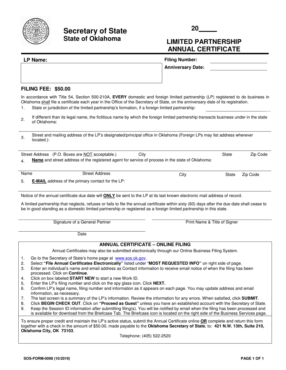 SOS Form 0098 Download Fillable PDF Or Fill Online Limited Partnership 