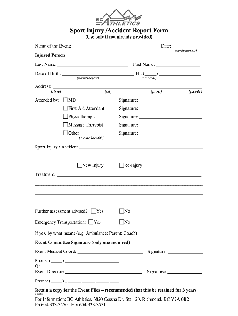 Sports Injury Report Form Template Fill Online Printable Fillable 