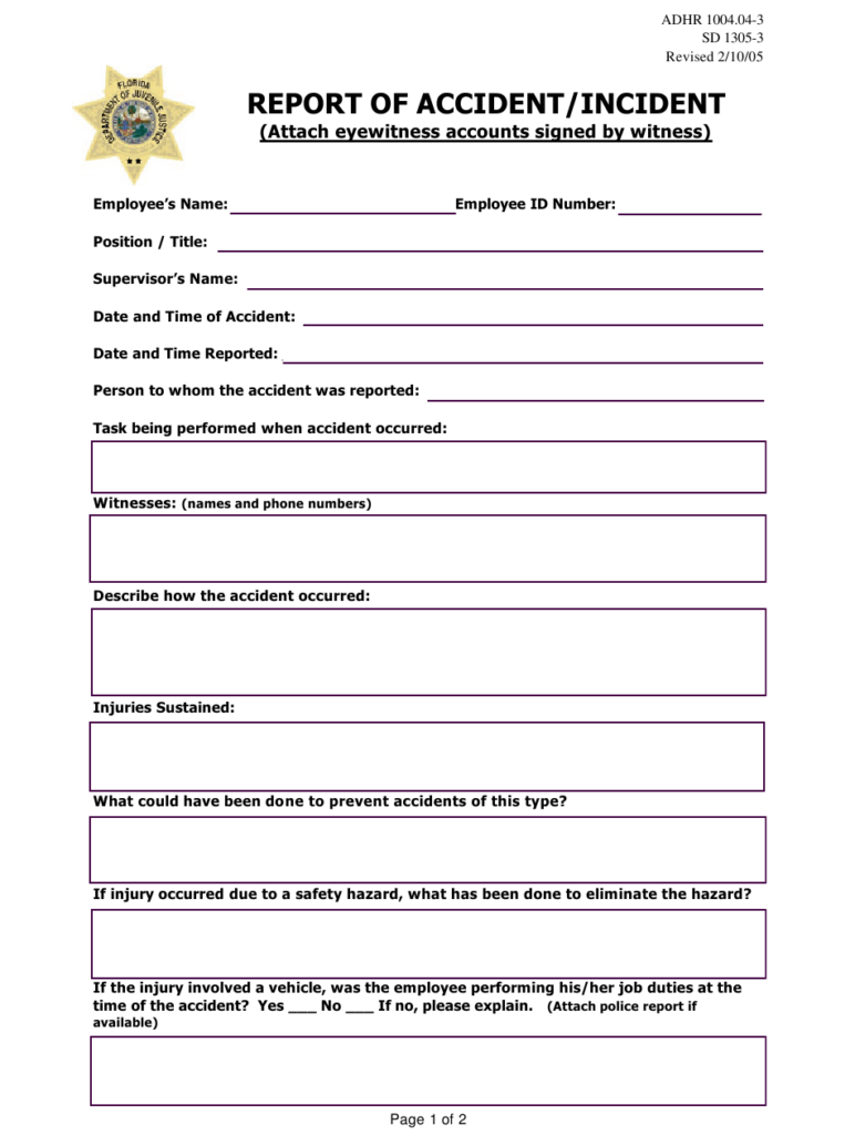 State Of Florida Incident Report Form With Body Image ReportForm