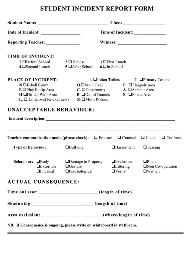 Student Incident Report Form In Word And Pdf Formats