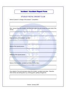 STUDLEY ROYAL CRICKET CLUB Incident Accident Report Form