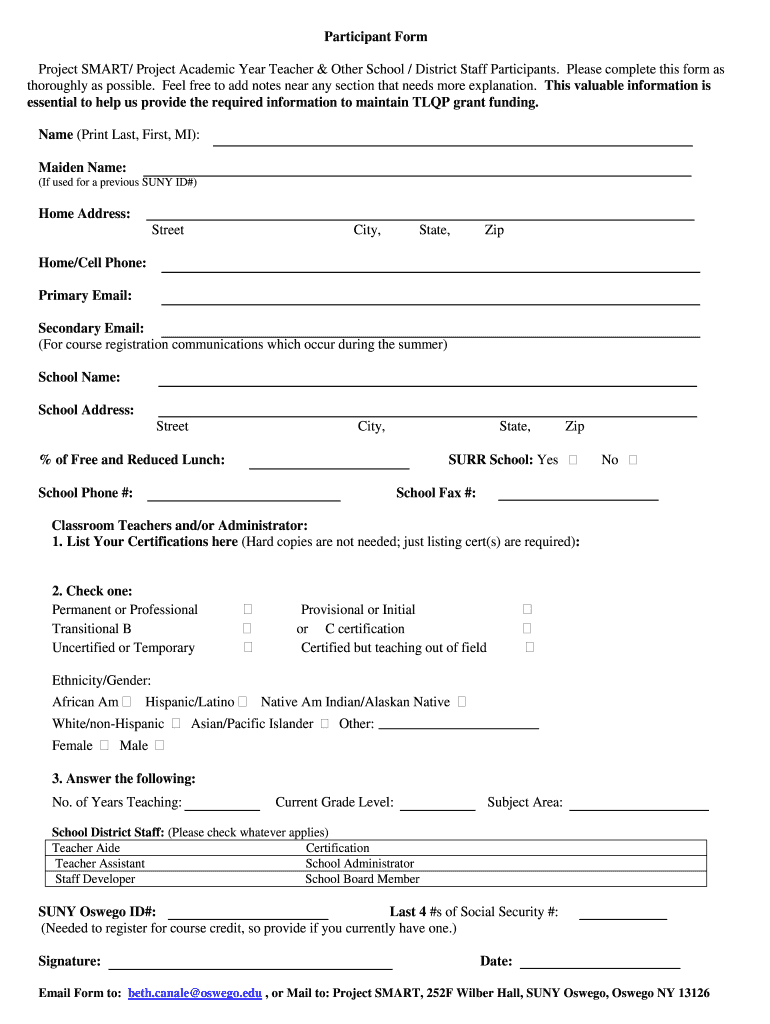 Suny Participant Form Fill Online Printable Fillable Blank PdfFiller