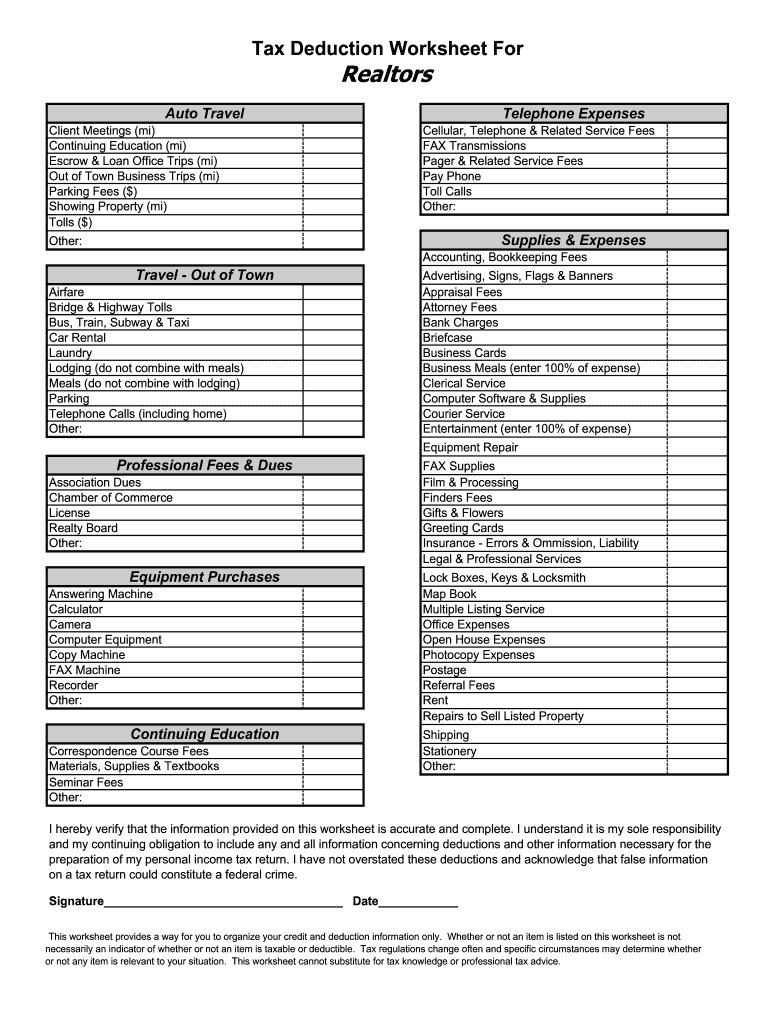 Tax Deduction Worksheet Realtors Fill Online Printable Fillable 