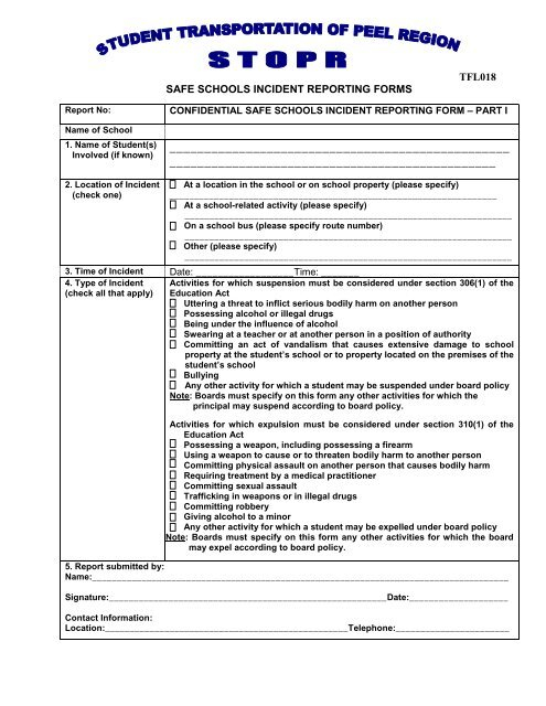 TFL018 SAFE SCHOOLS INCIDENT REPORTING FORMS Stopr
