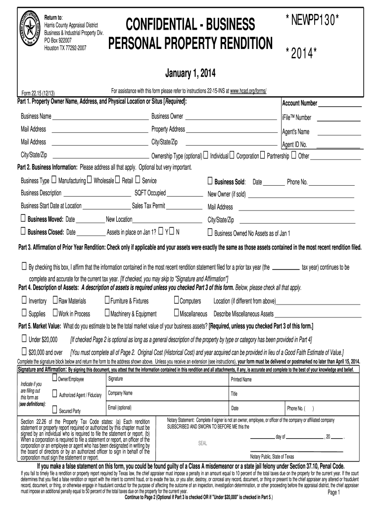 TX Form 22 15 Harris County 2014 Fill And Sign Printable Template 
