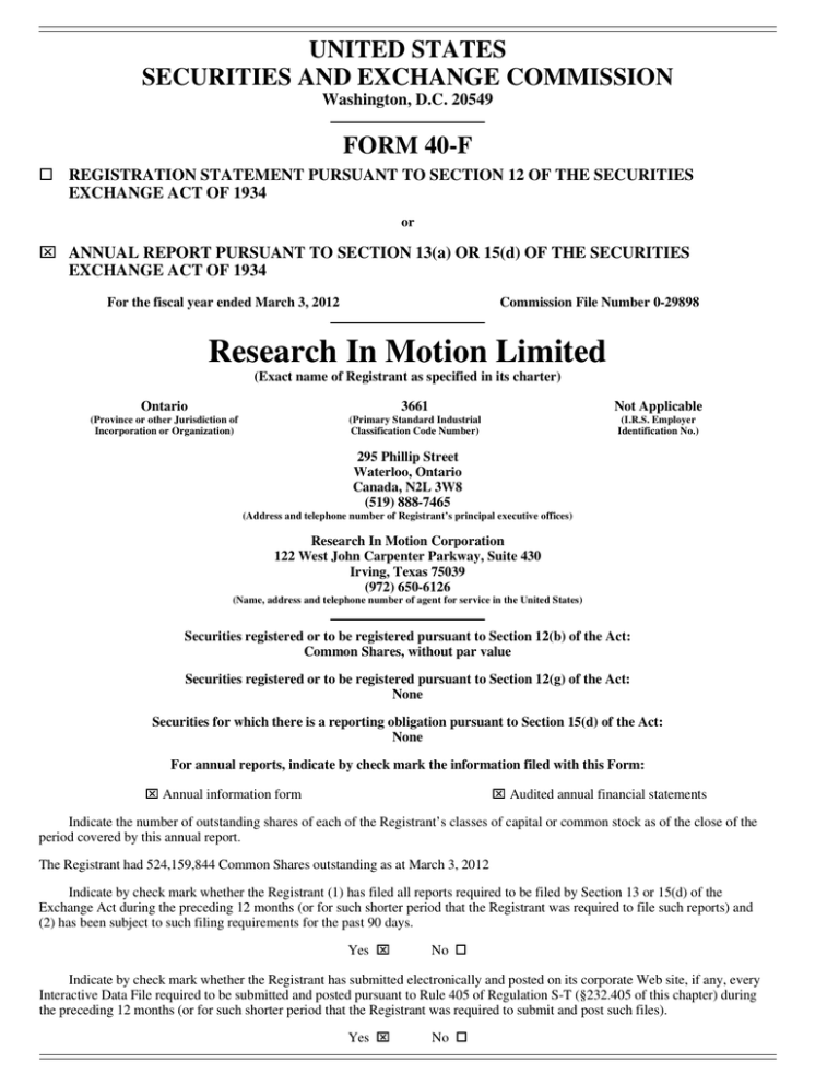 UNITED STATES SECURITIES AND EXCHANGE COMMISSION FORM 40 F