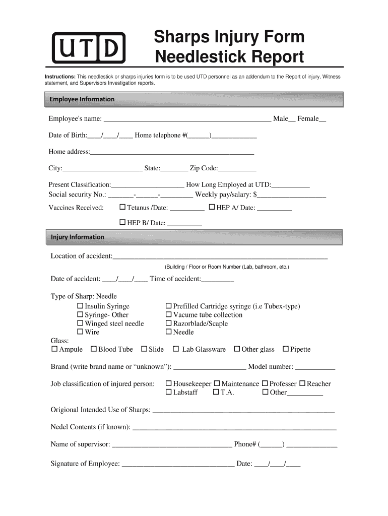 UTD Sharps Injury Form Needlestick Report Fill And Sign Printable 