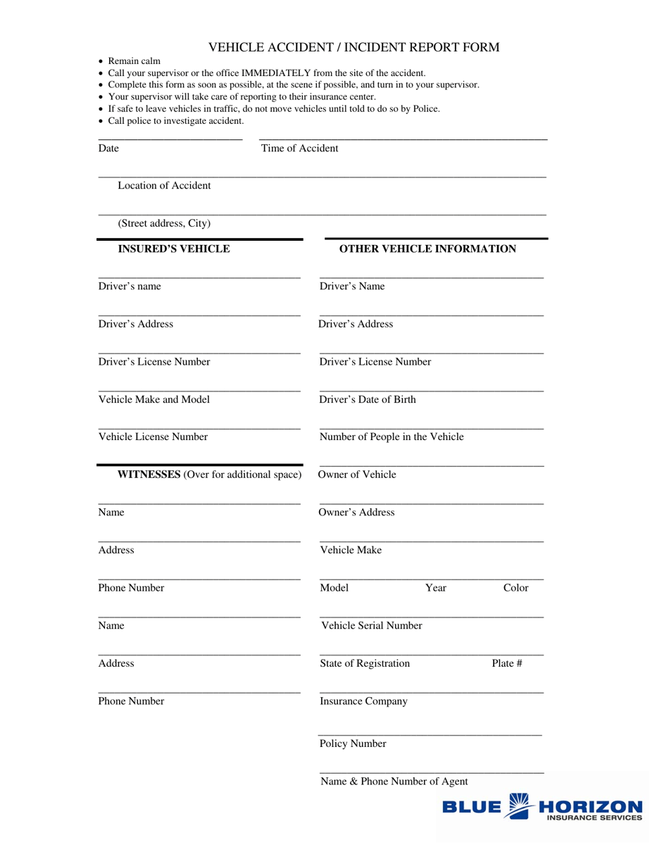 Vehicle Accident Report Form Template