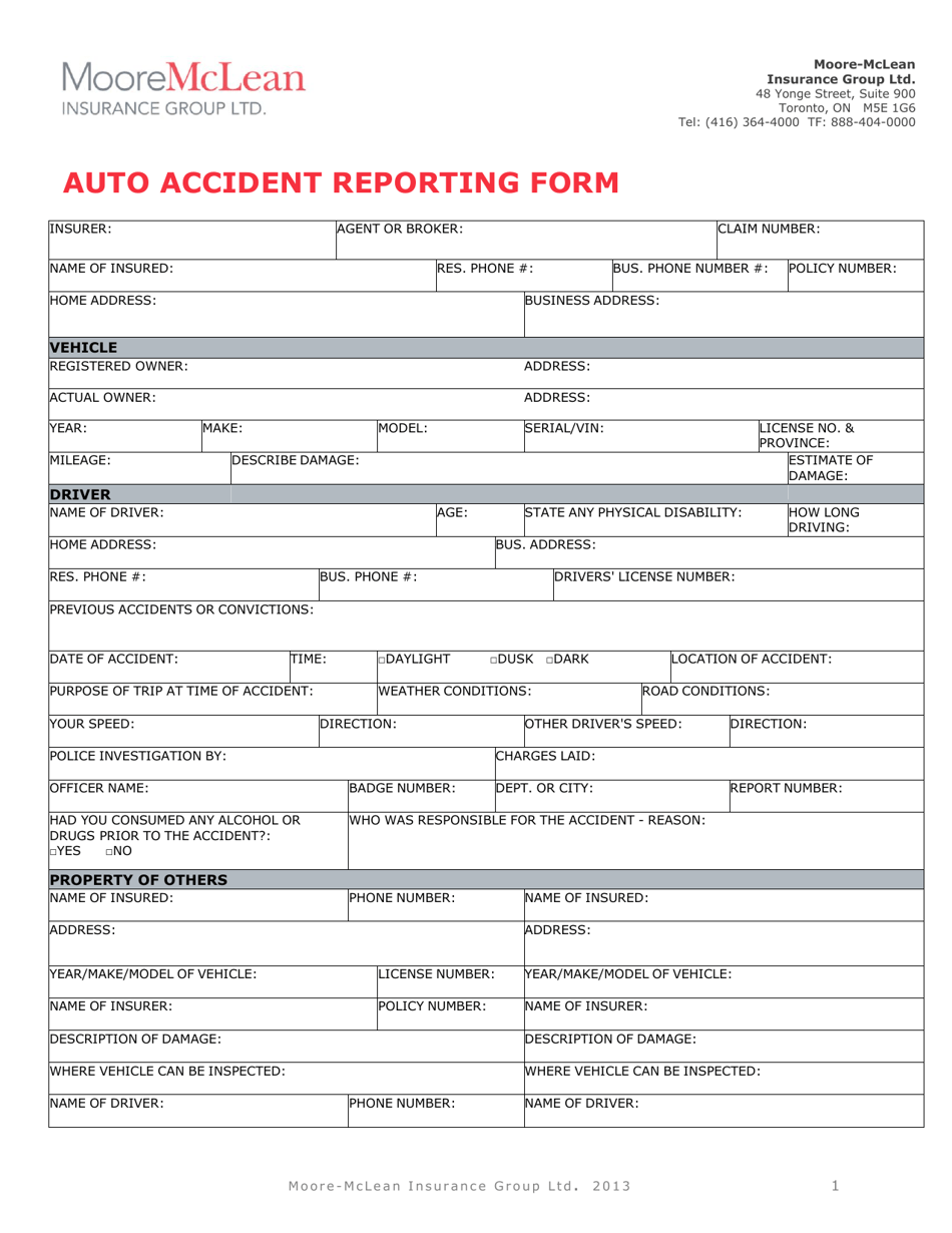 Vehicle Accident Report Form Template