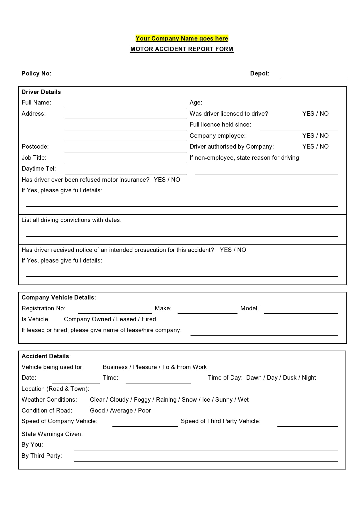 Vehicle Accident Report Form Template Free