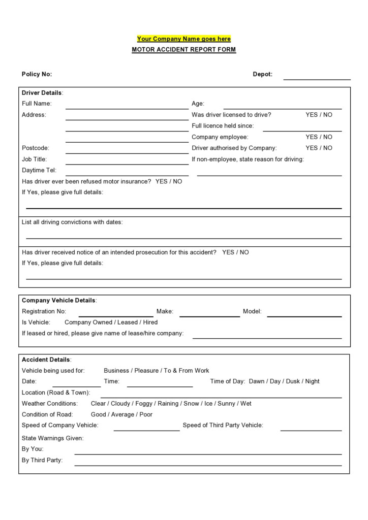 Vehicle Accident Report Form Template Free