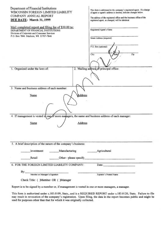Wisconsin Foreign Lemited Liability Company Annual Report Form 1999 