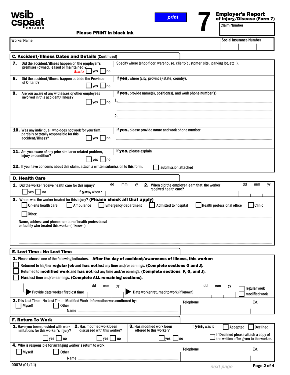 WSIB Form 7 Download Fillable PDF Or Fill Online Employer s Report Of 